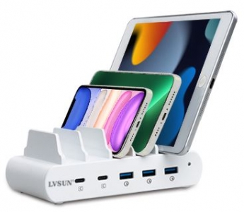 LVSUN USB QC 4.0/3.0/PD 5-port, 110W 2x USB-C, 3x USB-A, Desk-mount, White