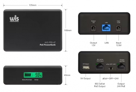 IEEE802.3at/af PoE+ Battery Power Bank 94, 5Wh, 10W, 12h